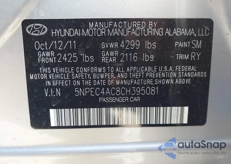 2012 Hyundai Sonata Limited z USA, uszkodzony, nr VIN 5NPEC4AC8CH395081